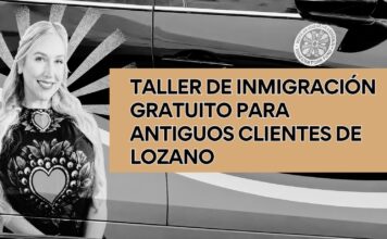 Unos 30 abogados ofrecerán ayuda gratuita a exclientes de Alexandra Lozano Gráfico promocional en blanco y negro con una fotografía de Alexandra Lozano junto al texto “Taller de inmigración gratuito para antiguos clientes de Lozano”, utilizado para difundir una clínica legal dirigida a personas afectadas por el cierre de su despacho.