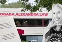 Cierra el despacho renombrado de Alexandra Lozano; ¿qué pasa con los clientes? Montaje fotográfico que muestra el edificio de la antigua oficina de Abogada Alexandra Law en Tukwila, Washington, junto a una imagen en blanco y negro de Alexandra Lozano. En primer plano aparece un aviso indicando que el bufete cerró definitivamente y ya no presta servicios legales.