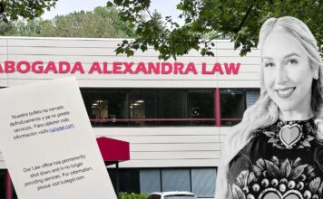 Cierra el despacho renombrado de Alexandra Lozano; ¿qué pasa con los clientes? Montaje fotográfico que muestra el edificio de la antigua oficina de Abogada Alexandra Law en Tukwila, Washington, junto a una imagen en blanco y negro de Alexandra Lozano. En primer plano aparece un aviso indicando que el bufete cerró definitivamente y ya no presta servicios legales.