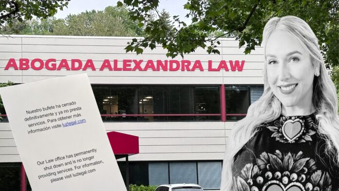 Montaje fotográfico que muestra el edificio de la antigua oficina de Abogada Alexandra Law en Tukwila, Washington, junto a una imagen en blanco y negro de Alexandra Lozano. En primer plano aparece un aviso indicando que el bufete cerró definitivamente y ya no presta servicios legales.