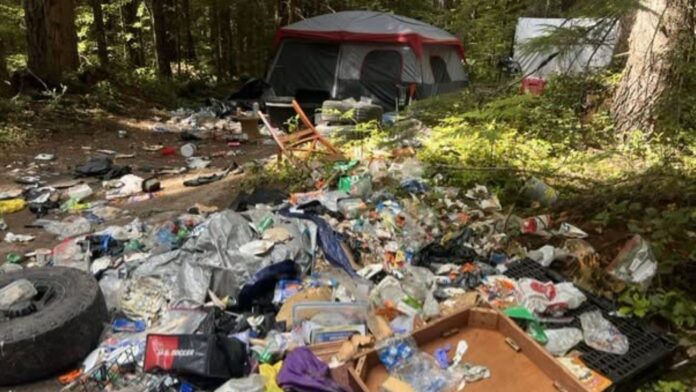 Basura en un campamento ilegal ubicado cerca del inicio del sendero Slab Camp — Imagen: Oficina del sheriff del condado de Clallam