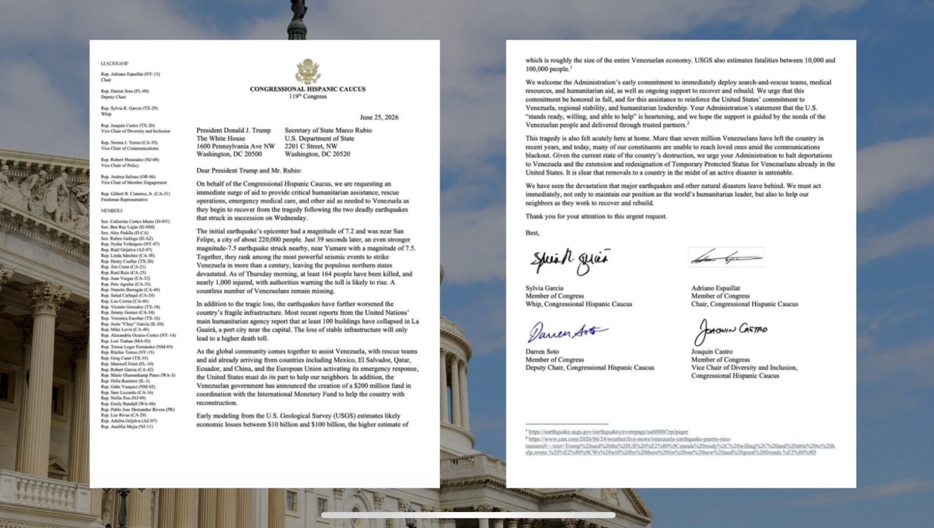 Carta de integrantes del Congressional Hispanic Caucus dirigida al presidente Donald Trump sobre las acciones de USCIS relacionadas con ciudadanos venezolanos, mostrada sobre una imagen del Capitolio de Estados Unidos.