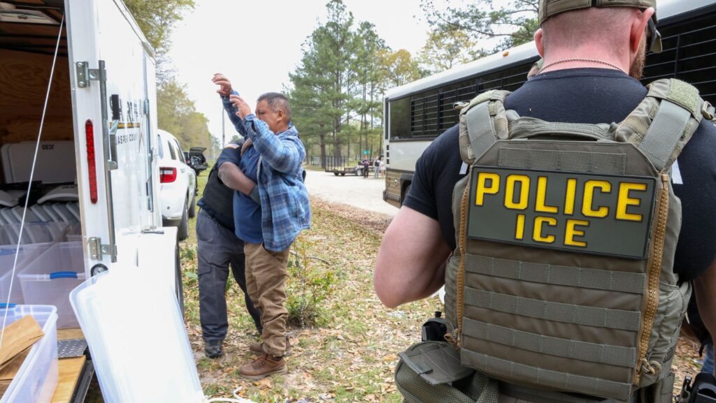 Agentes de Operaciones de Cumplimiento y Remoción (ERO) y HSI (Homelad Security Investigations) del ICE en Charleston, arrestan a una persona buscada por su presunta participación en peleas de animales y apuestas ilegales. La imagen fue tomada el 28 de marzo de 2026