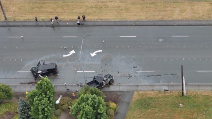 Accidente - policia de Marysville Vista aérea del lugar donde ocurrió un choque con consecuencias fatales en la intersección de 132nd Street y Smokey Point Boulevard, en Marysville, mientras la Policía solicita testigos para continuar la investigación.