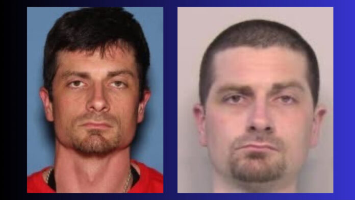 Dos fotografías de referencia muestran el rostro de Kyle Hester, un hombre de 39 años buscado por las autoridades del Condado Snohomish tras escapar del Tribunal Superior del Condado Snohomish en Everett, Washington.