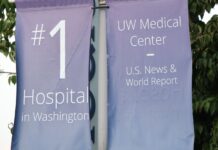 UW Medicine abre programa de inmersión para estudiantes interesados en atención primaria Banderines de UW Medical Center instalados en el campus de UW Medicine en South Lake Union, Seattle.