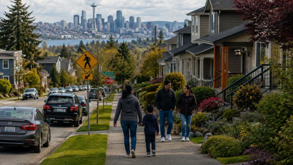 Imagen ilustrativa de un vecindario residencial inspirado en el área metropolitana de Seattle, con familias caminando y la ciudad al fondo.