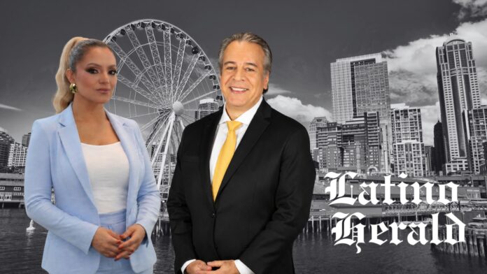 Rosy Trujillo y José Luis González, presentadores de Latino Herald Magazine, aparecen frente a una imagen del centro de Seattle.
