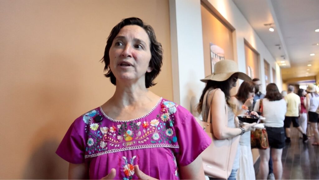 La senadora estatal Rebecca Saldaña, con blusa rosa bordada, habla durante una entrevista con Latino Herald sobre su respaldo a los planes del centro de crisis.