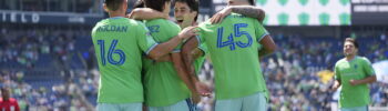 Jugadores de Seattle Sounders celebran uno de sus goles ante Querétaro FC durante el partido de la Leagues Cup 2026 en Lumen Field.