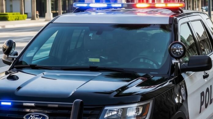 AI generated generic police cruiser Imagen generada con inteligencia artificial de una patrulla policial con luces rojas y azules encendidas en una calle.