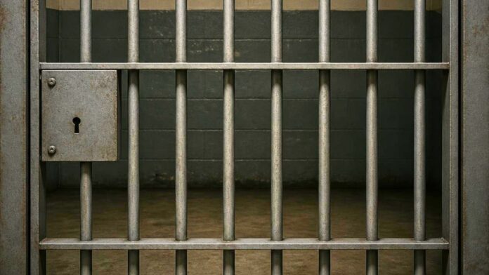 AI generated jail cell Ilustración generada con inteligencia artificial de una celda vacía, vista a través de una puerta con barrotes y cerradura.