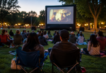 Ballard cierra su temporada de cine al aire libre con una función gratuita Personas sentadas en sillas y mantas sobre el césped observan una película proyectada en una pantalla al aire libre en un parque al anochecer.