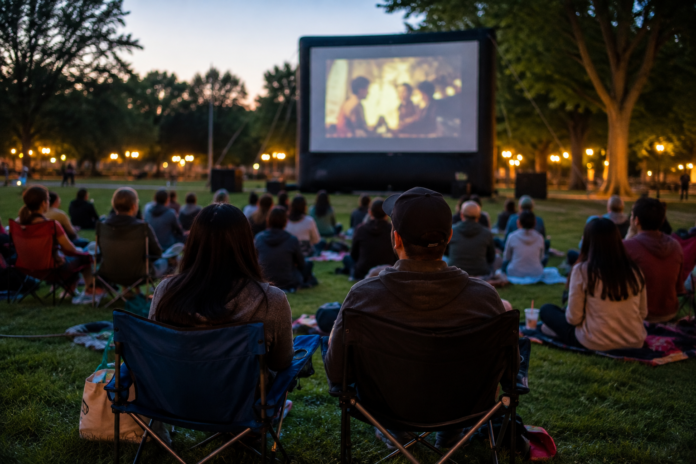 Personas sentadas en sillas y mantas sobre el césped observan una película proyectada en una pantalla al aire libre en un parque al anochecer.