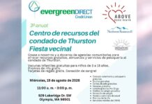 Evento gratuito en Olympia ayudará a eliminar antecedentes por posesión de drogas Flyer del tercer Centro de Recursos del Condado de Thurston y Fiesta Vecinal, evento gratuito en Olympia el 19 de agosto de 2026 con servicios de salud, vacunas infantiles, alimentos, cuidado de mascotas y recursos comunitarios.