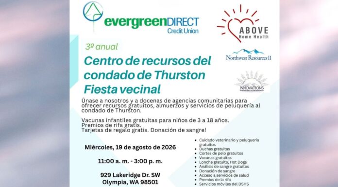 Evento gratuito en Olympia ayudará a eliminar antecedentes por posesión de drogas Flyer del tercer Centro de Recursos del Condado de Thurston y Fiesta Vecinal, evento gratuito en Olympia el 19 de agosto de 2026 con servicios de salud, vacunas infantiles, alimentos, cuidado de mascotas y recursos comunitarios.