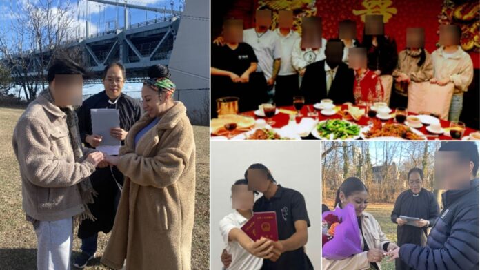 Collage de fotografías incluidas en la acusación federal que muestran presuntas ceremonias de matrimonios falsos, un banquete de bodas y una fotografía de pareja preparada como parte del supuesto esquema de fraude matrimonial
