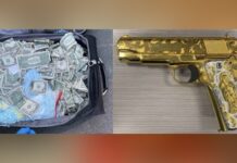 Hombre de Tri-Cities declarado culpable tras decomiso de 50,000 pastillas de fentanilo Maleta con dinero en efectivo y pastillas azules junto a una pistola dorada, evidencia vinculada al caso federal contra David Mendoza Ayala en Tri-Cities.