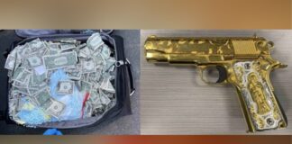 Hombre de Tri-Cities declarado culpable tras decomiso de 50,000 pastillas de fentanilo Maleta con dinero en efectivo y pastillas azules junto a una pistola dorada, evidencia vinculada al caso federal contra David Mendoza Ayala en Tri-Cities.