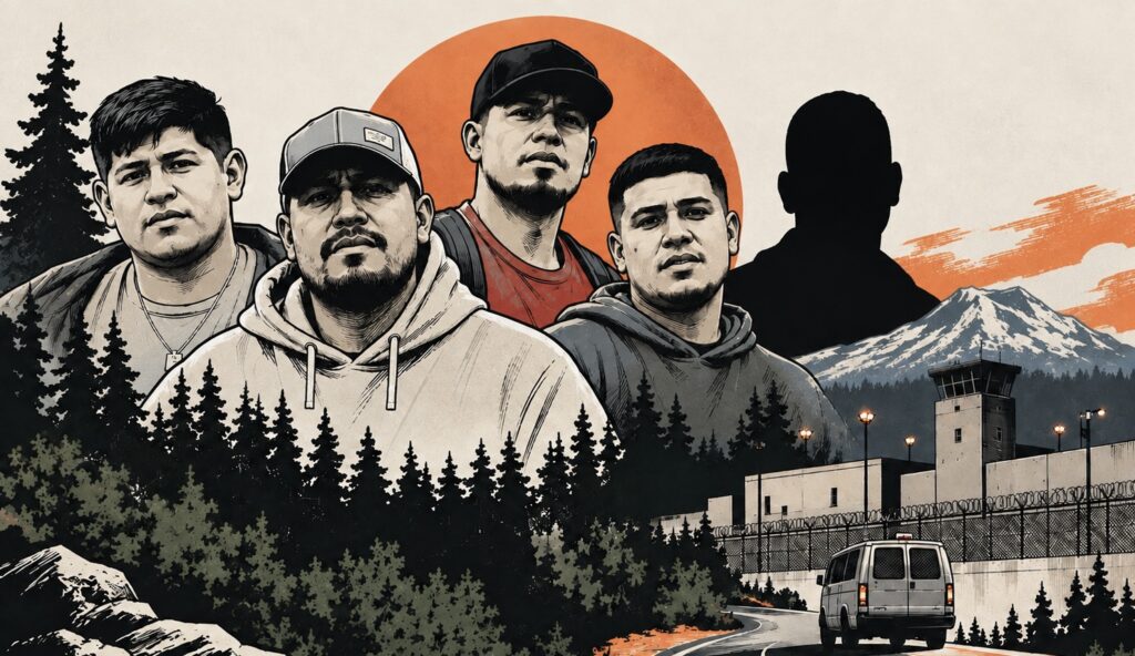 Ilustración de cuatro hombres y una quinta figura representada en silueta negra, frente a un paisaje boscoso de Washington y un centro de detención, en referencia a los cinco hombres detenidos por agentes de inmigración durante un viaje familiar de campamento.