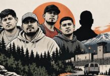 Washington Trails Association expresa preocupación tras detenciones de ICE en campamento familiar Ilustración de cuatro hombres y una quinta figura representada en silueta negra, frente a un paisaje boscoso de Washington y un centro de detención, en referencia a los cinco hombres detenidos por agentes de inmigración durante un viaje familiar de campamento.