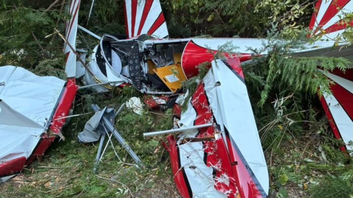 Avioneta monomotor de color rojo y blanco con severos daños entre árboles y vegetación tras estrellarse cerca de Frontier Air Park, en Lake Stevens, Washington.