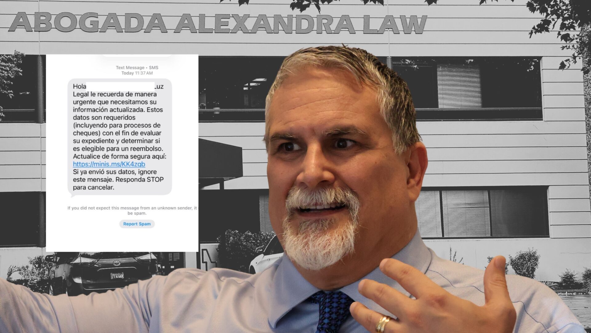Abogado Omar Barraza junto a una captura del mensaje de texto de Luz Legal que solicita información a exclientes de Alexandra Lozano para evaluar un posible reembolso.