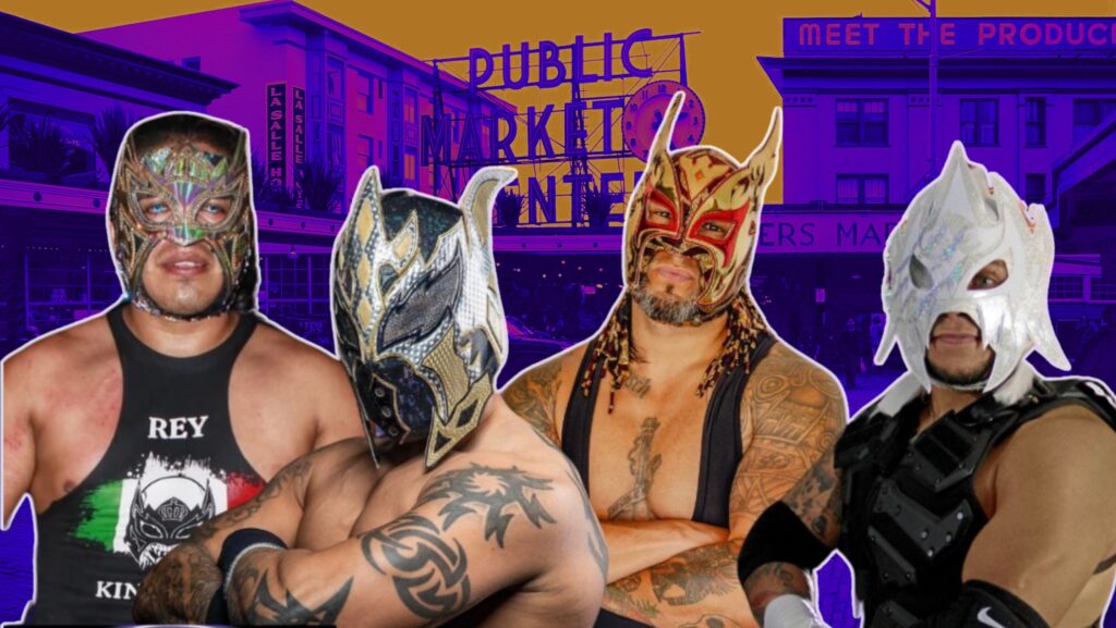 Cuatro luchadores enmascarados de Lucha Libre Volcánica aparecen frente a una imagen de Pike Place Market en Seattle.