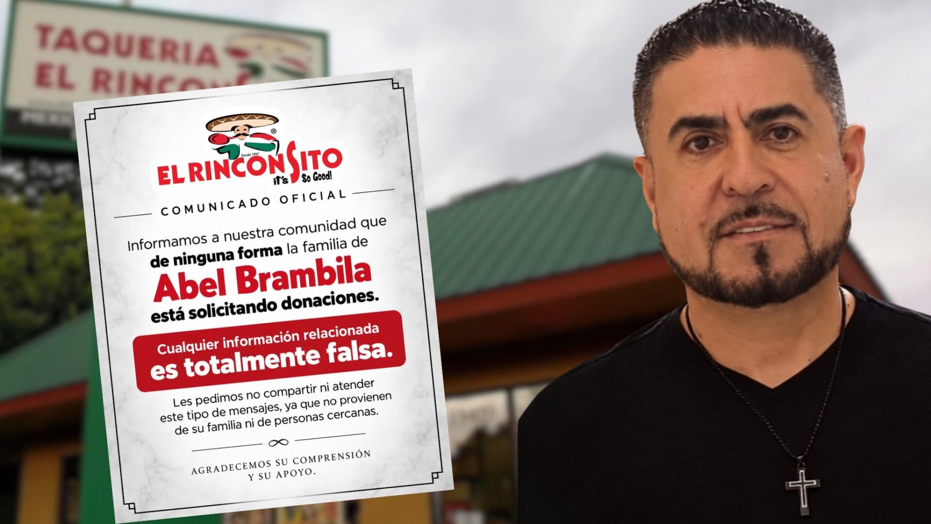 Abel Brambila junto al comunicado de El Rinconsito que advierte que su familia no está solicitando donaciones.