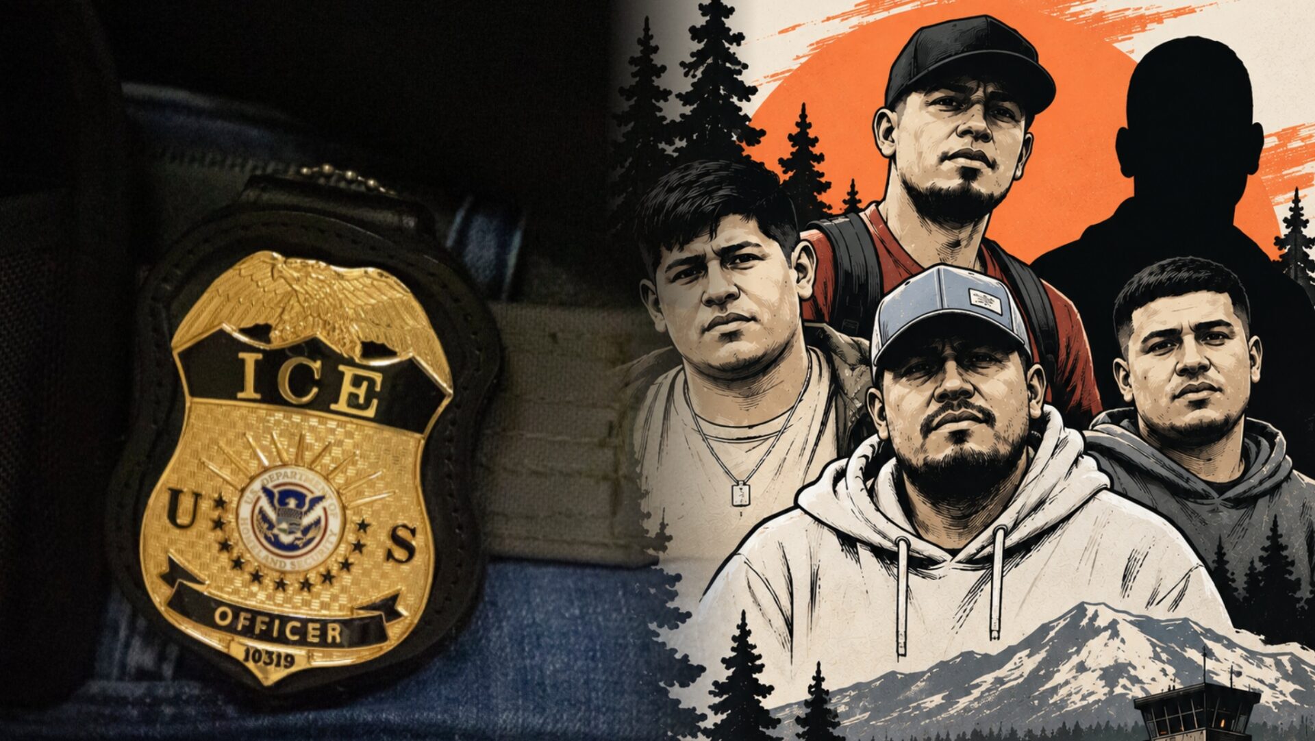 Composición sobre la operación conjunta de ICE y el Servicio Forestal en Washington, con una placa de un agente de ICE y una ilustración creada con inteligencia artificial que representa a los cinco hombres detenidos durante un viaje de campamento.