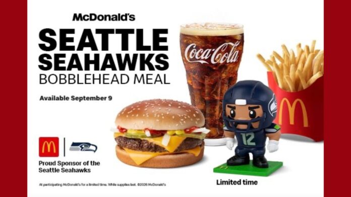 Promoción Seattle Seahawks Bobblehead Meal de McDonald’s con hamburguesa, papas fritas, bebida y figura coleccionable de los Seahawks.