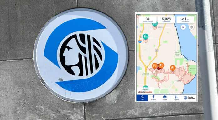 Apagón afecta a más de 5,000 clientes en el noreste de Seattle Logotipo de Seattle City Light en una instalación de la empresa cerca del Space Needle, en Seattle.