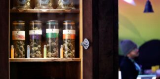 Pasco abre la puerta a más tiendas de cannabis pese a preocupación por escuelas Productos de cannabis exhibidos en recipientes dentro de un armario con llave en una tienda de cannabis del estado de Washington.