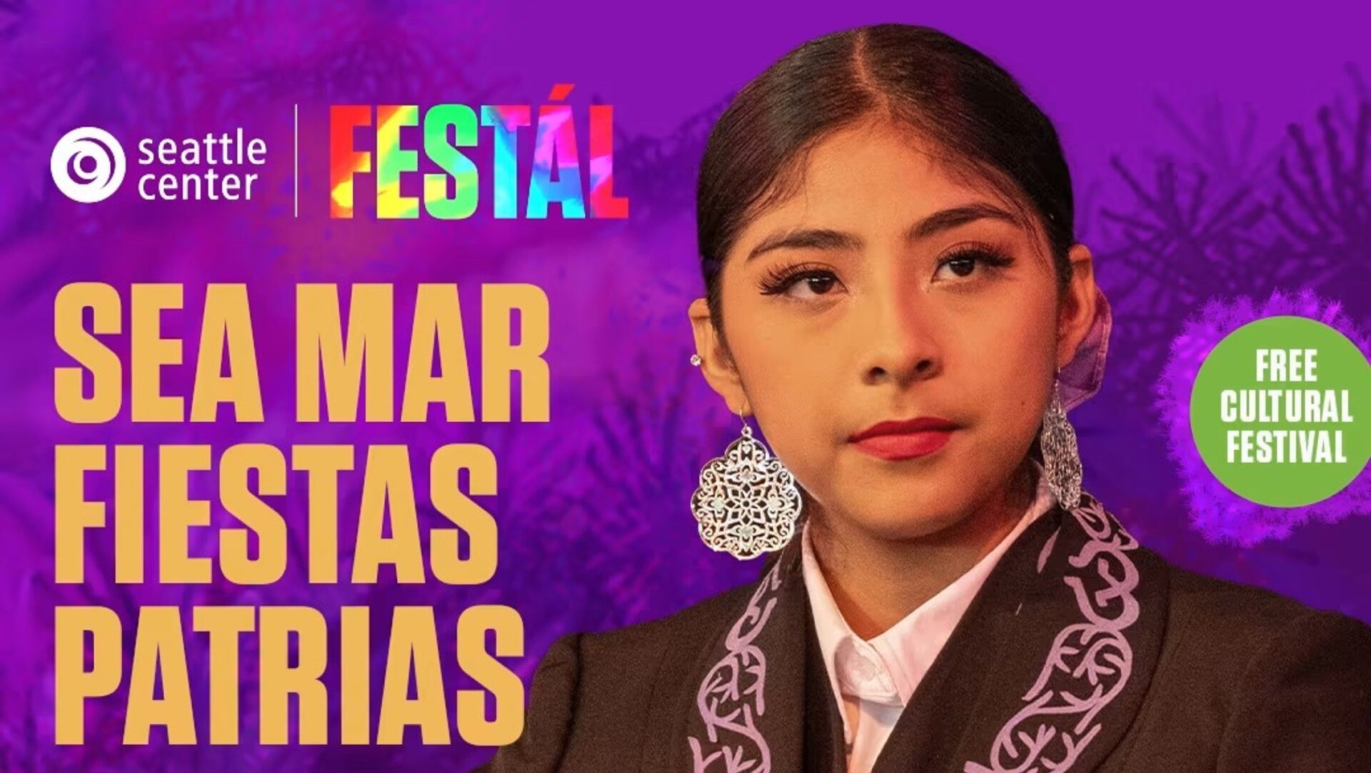 Gráfica promocional de Sea Mar Fiestas Patrias 2026 en Seattle Center, con una joven vestida con indumentaria tradicional y el logotipo de Festál.