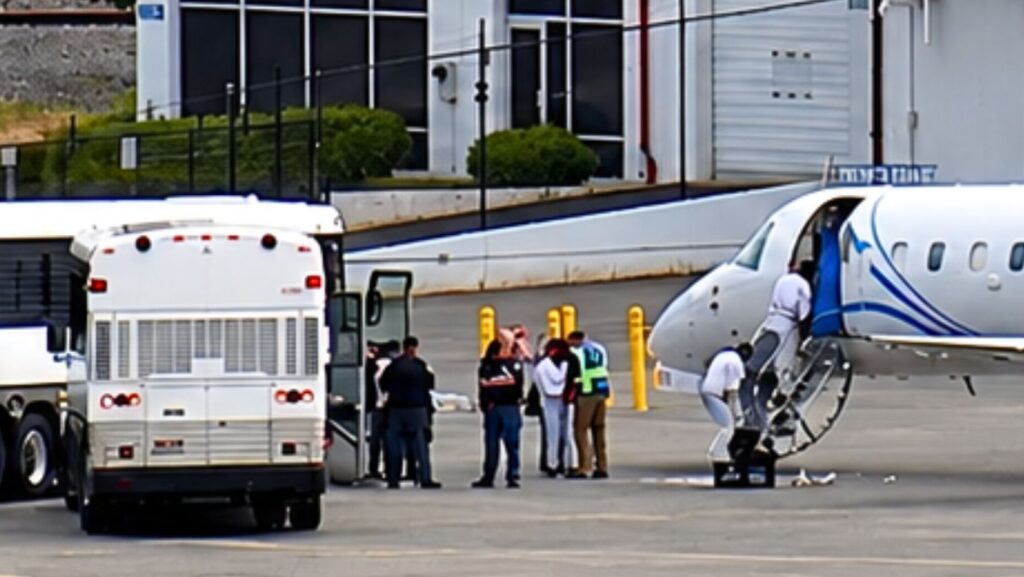 Presos de ICE abordan un avión en al aeropuerto Boeing Field durante una operación de traslado.