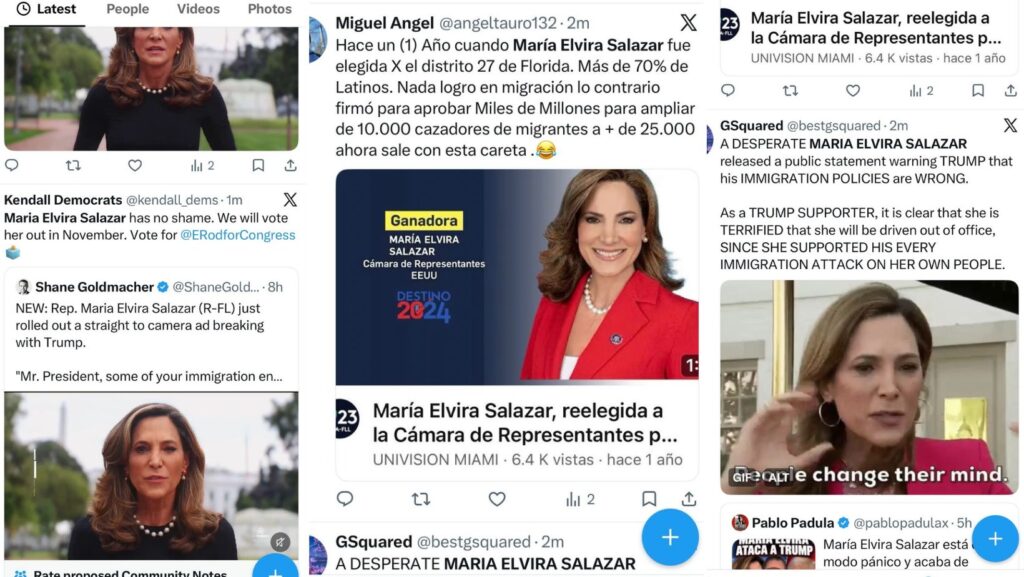 Collage de capturas de X con reacciones al mensaje de la congresista María Elvira Salazar sobre las políticas migratorias del presidente Donald Trump.
