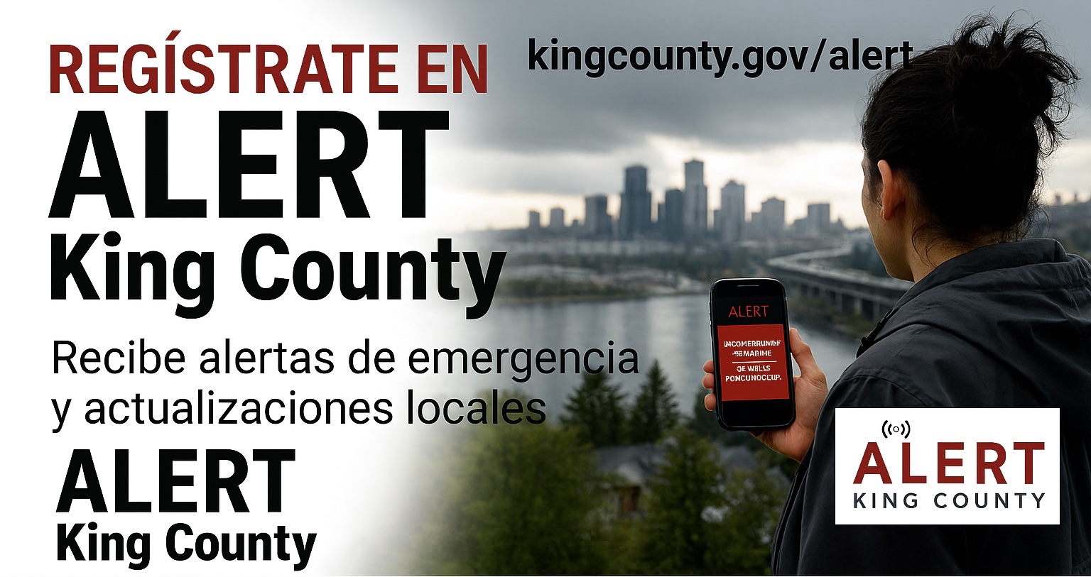 Gráfico promocional de ALERT King County con información para registrarse y recibir alertas de emergencia y actualizaciones locales