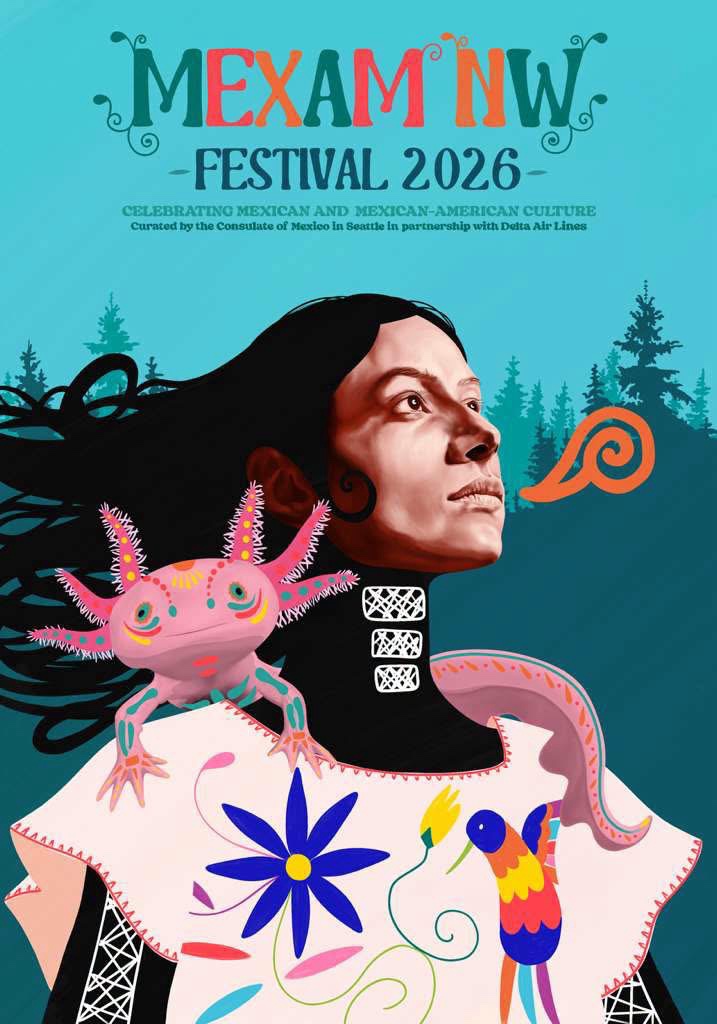 Imagen oficial de MEXAM Northwest Festival 2026 con la ilustración de una mujer indígena mexicana acompañada de ajolotes y elementos inspirados en la cultura mexicana y el Noroeste del Pacífico.