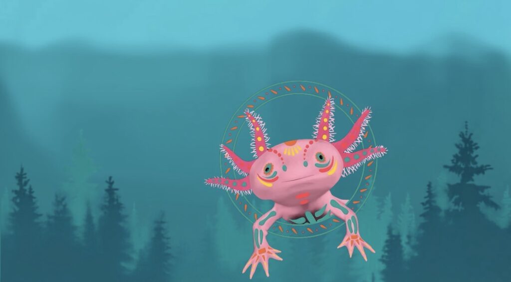 Ajolote rosa con detalles de colores, elemento de la imagen oficial de MEXAM Northwest Festival 2026.