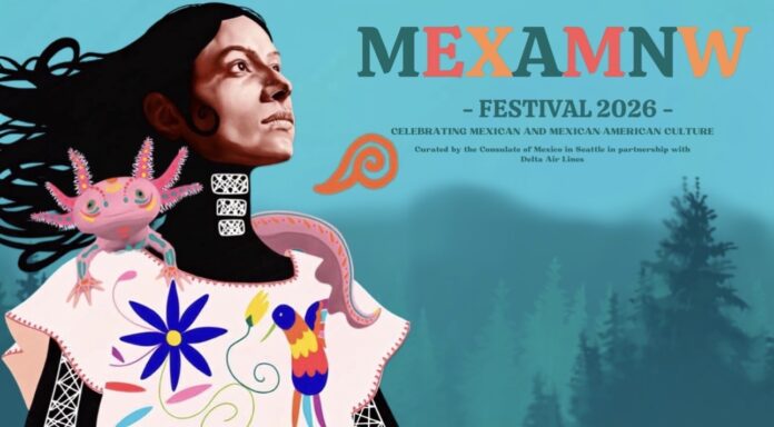 Imagen oficial de MEXAM Northwest Festival 2026 con la ilustración de una mujer indígena mexicana acompañada de ajolotes y elementos inspirados en la cultura mexicana y el Noroeste del Pacífico.