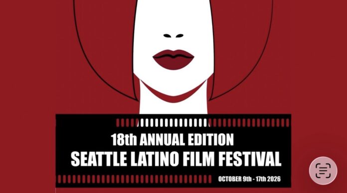 Cartel oficial de la 18.ª edición del Seattle Latino Film Festival, con una ilustración en rojo, blanco y negro y las fechas del 9 al 17 de octubre de 2026.