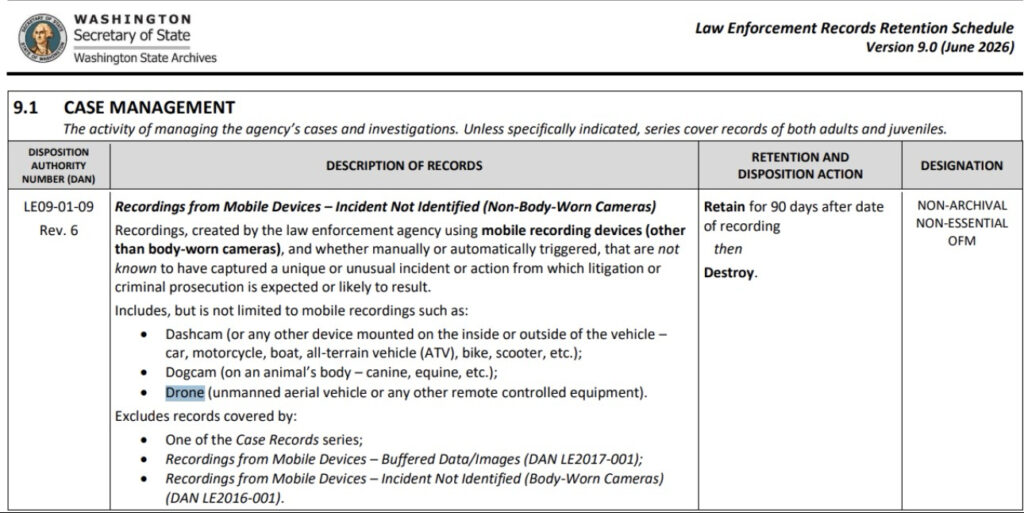 Captura del calendario de retención de registros de Washington State Archives que establece un periodo de 90 días para determinadas grabaciones de drones policiales sin un incidente identificado.