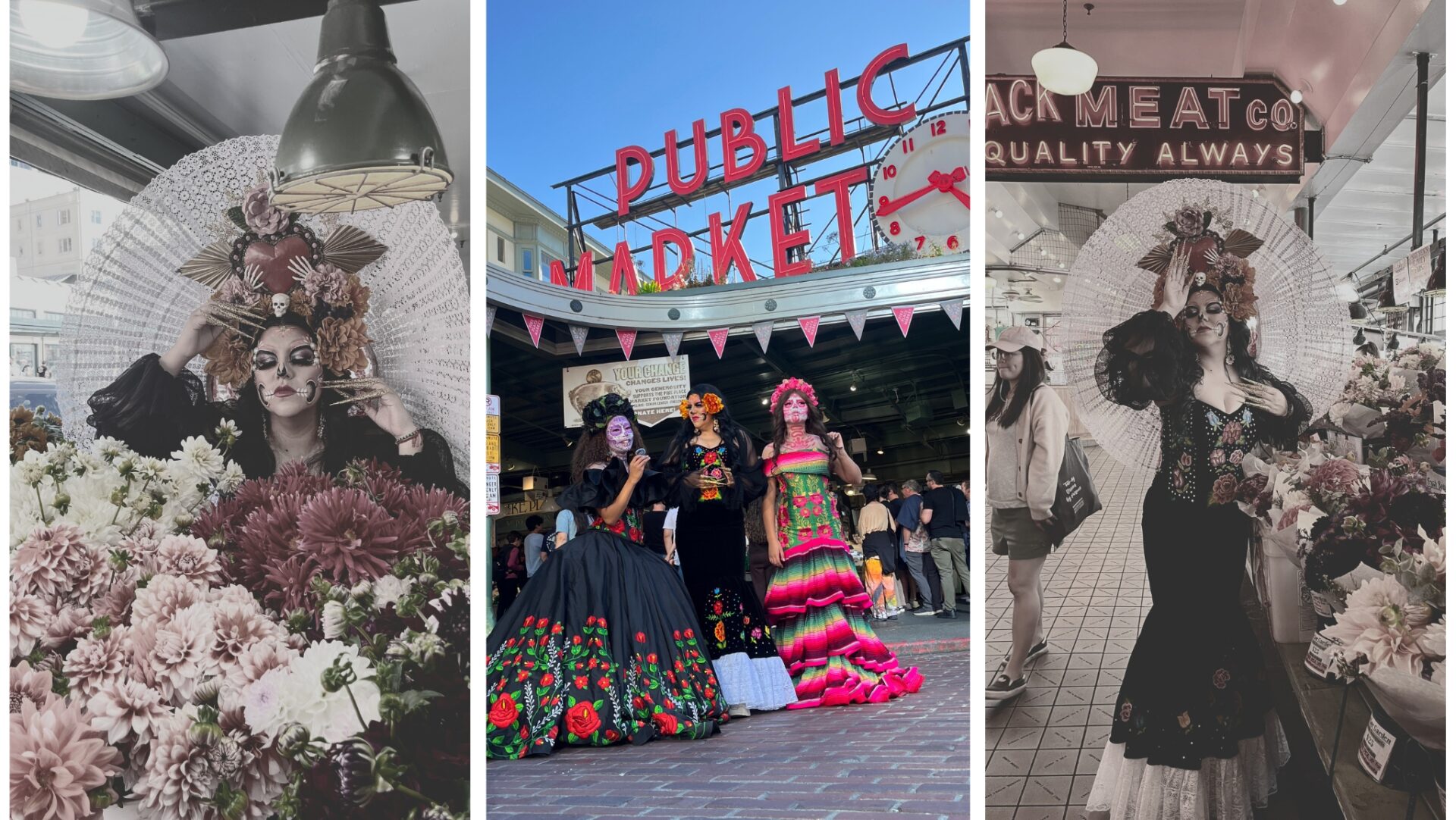 Collage de tres fotografías que muestra a mujeres vestidas como catrinas, con maquillaje de calavera, vestidos tradicionales y adornos florales, en diferentes espacios de Pike Place Market.