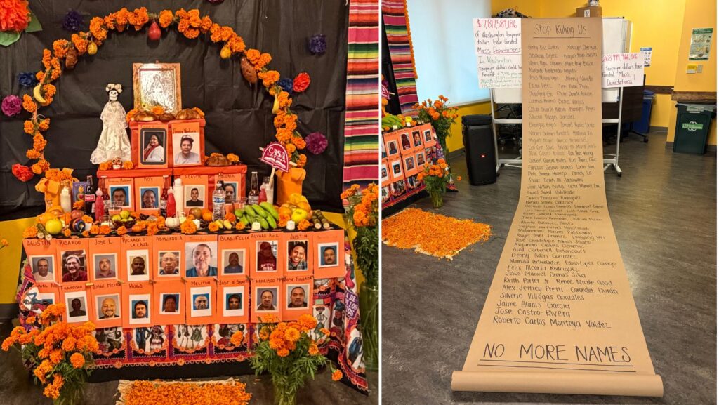 Collage de un altar de Día de Muertos con fotografías, flores de cempasúchil, velas y ofrendas, junto a una larga lista de nombres escritos a mano durante un encuentro comunitario en Seattle.