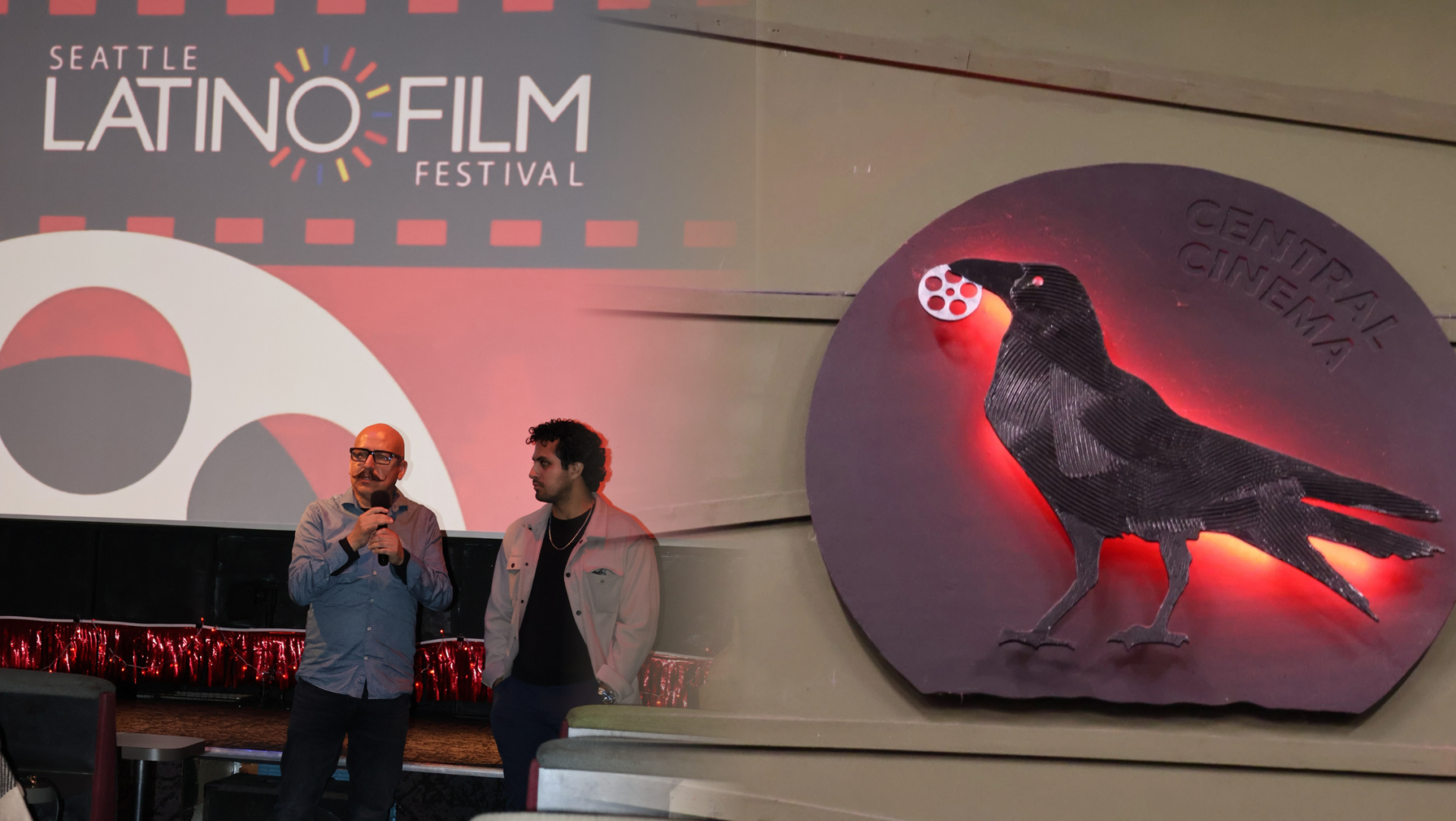 Imagen compuesta que muestra a Rafa Lara y su hijo Rafael Larx durante una sesión de preguntas y respuestas del Seattle Latino Film Festival, junto al emblema del Central Cinema de Seattle, que representa un ave negra con un carrete cinematográfico.