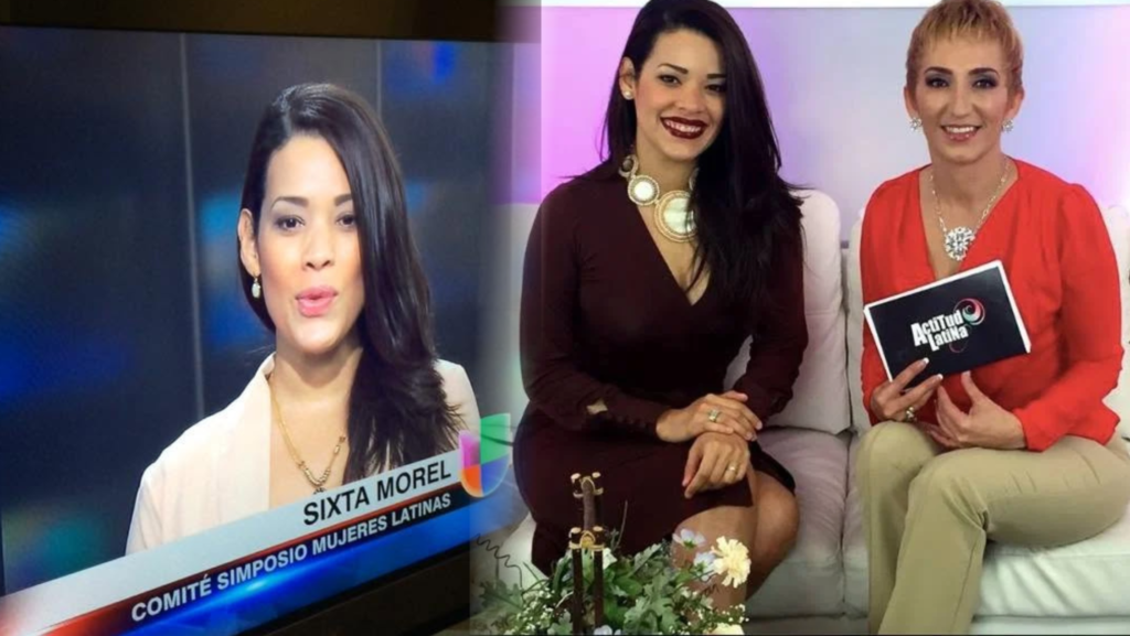 Composición de dos fotografías de Sixta Morel durante sus participaciones en la televisión de Seattle. A la izquierda, aparece en una transmisión de Univisión relacionada con el Simposio de Mujeres Latinas. A la derecha, está sentada junto a la presentadora Karina Gasperín en el programa Actitud Latina de Azteca.