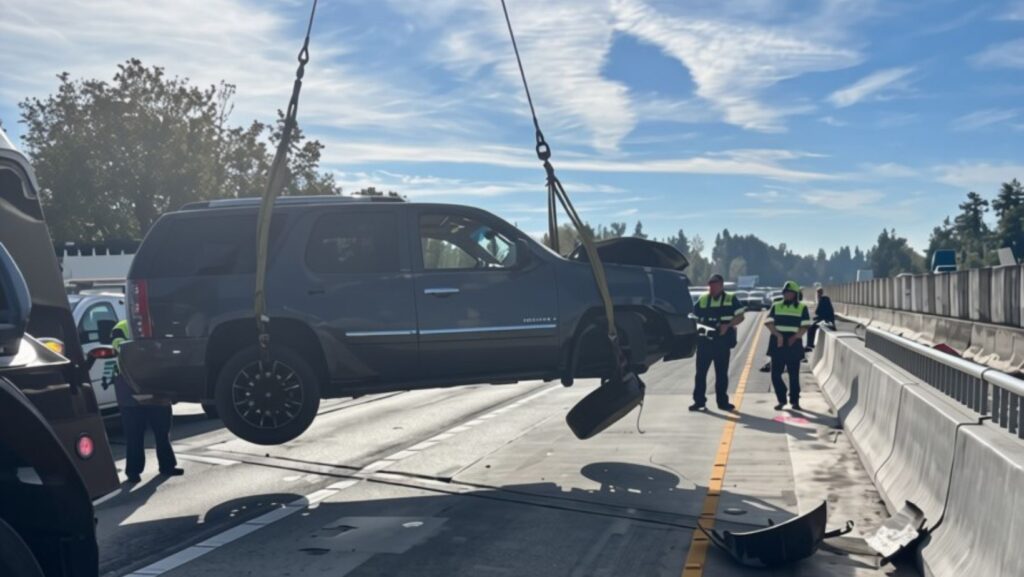 La camioneta que había quedado atrapada entre dos barreras, tuvo que ser retirado mediante una grúa. (Patrulla Estatal de Washington)