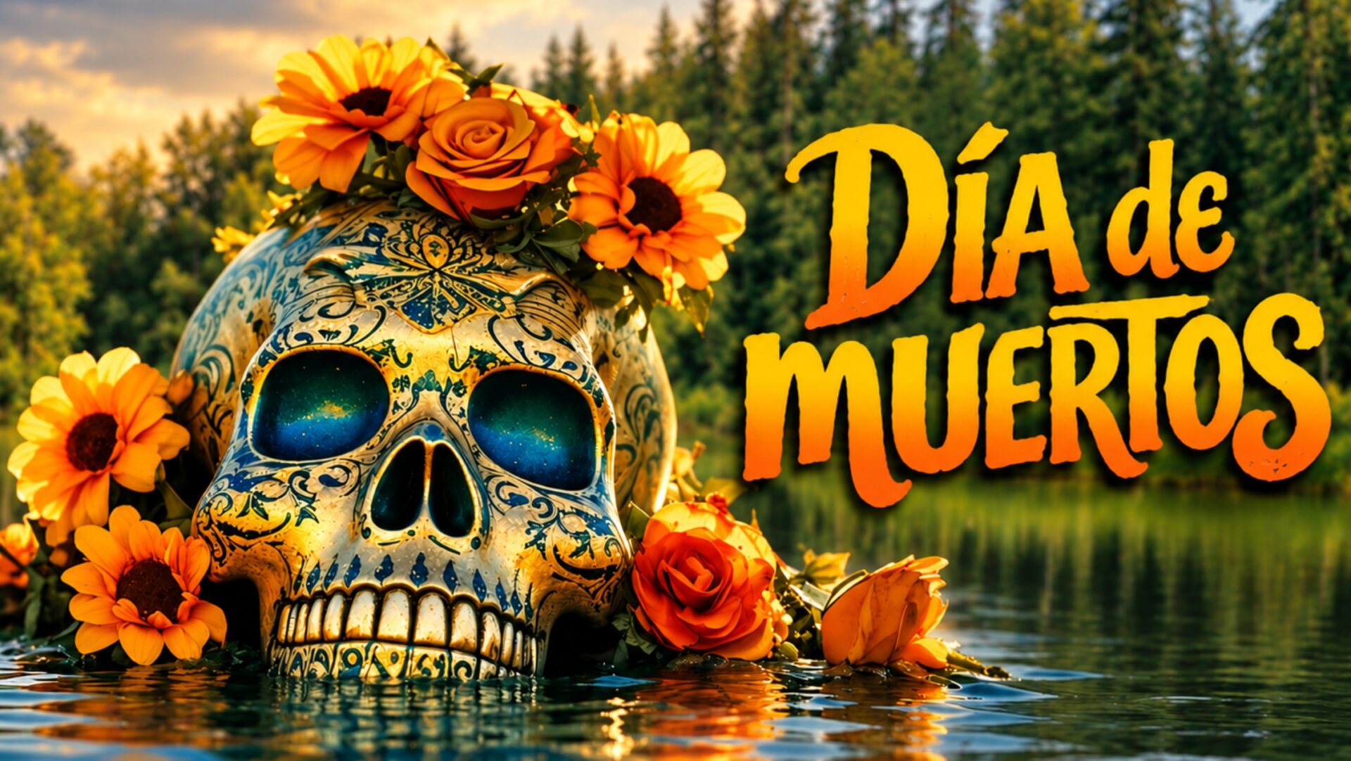 Calavera decorativa con detalles dorados y azules, rodeada de flores anaranjadas junto a un lago. A la derecha aparece el texto 