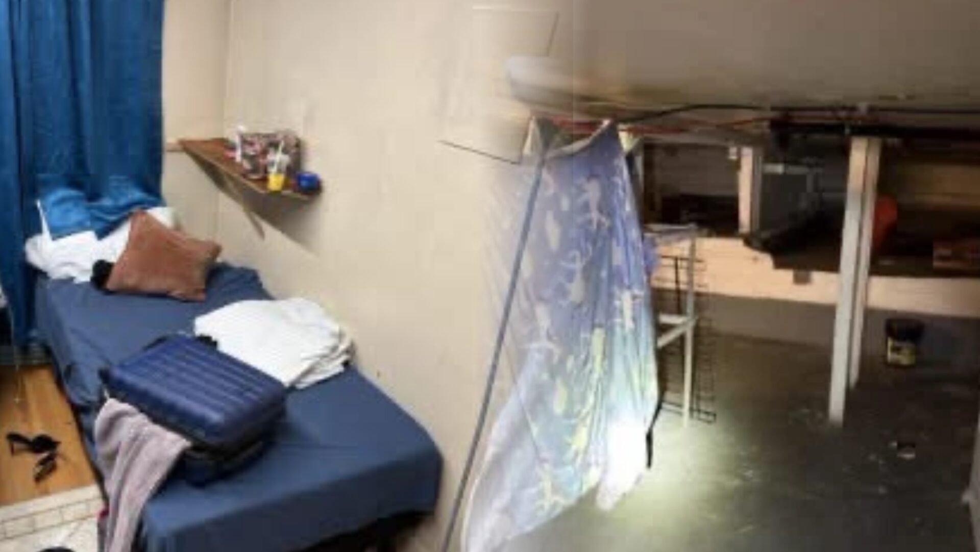 Collage de dos fotografías difundidas por el Departamento de Policía de Everett que muestran el interior de un establecimiento investigado por presuntas actividades ilegales de masajes. Una imagen muestra una cama con sábanas azules y pertenencias personales; la otra, un espacio dividido por una cortina junto a varias estructuras metálicas.