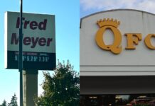 Kroger eliminará 3,000 empleos al ampliar el uso de inteligencia artificial Imagen compuesta que muestra un letrero de Fred Meyer a la izquierda y el logotipo de QFC en la fachada de un supermercado a la derecha. Ambas cadenas pertenecen a Kroger.